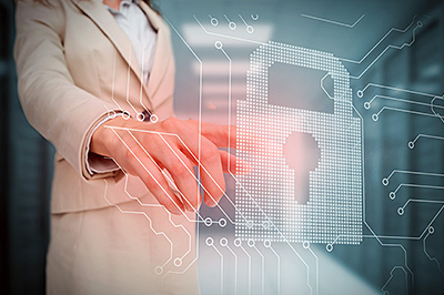 Businesswoman touching lock and circuit board graphic