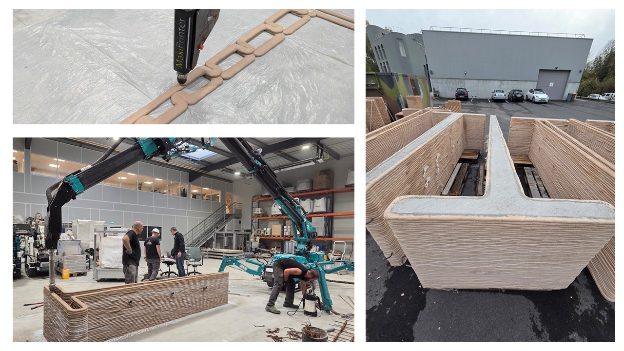 3 photos showing the process of 3-d printing a T-wall in a workshop